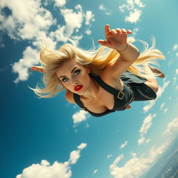 A sexy blonde woman with striking blue eyes and luscious red lips, elegantly dressed, falling from the sky at high speed, her hair flowing dramatically around her