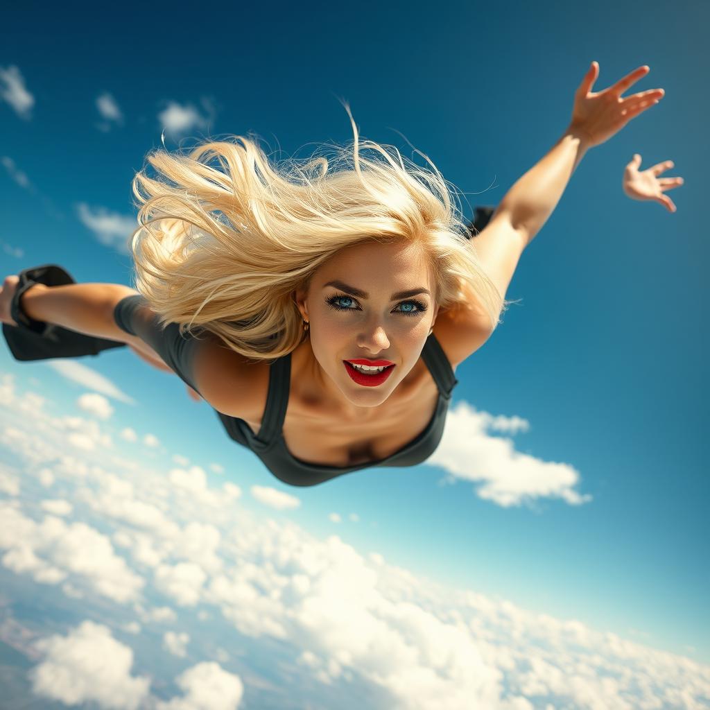 A sexy blonde woman with striking blue eyes and luscious red lips, elegantly dressed, falling from the sky at high speed, her hair flowing dramatically around her