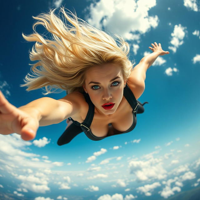 A sexy blonde woman with striking blue eyes and luscious red lips, elegantly dressed, falling from the sky at high speed, her hair flowing dramatically around her