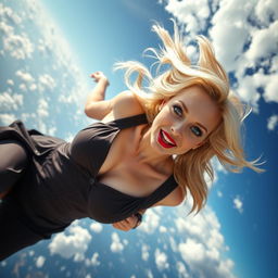 A sexy blonde woman with striking blue eyes and luscious red lips, elegantly dressed, falling from the sky at high speed, her hair flowing dramatically around her