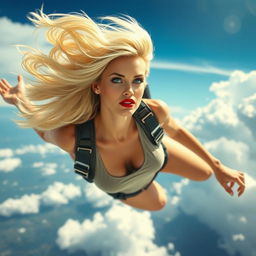 A stunning sexy blonde woman with striking blue eyes and bold red lips, captured mid-air as she falls from the sky at high speed