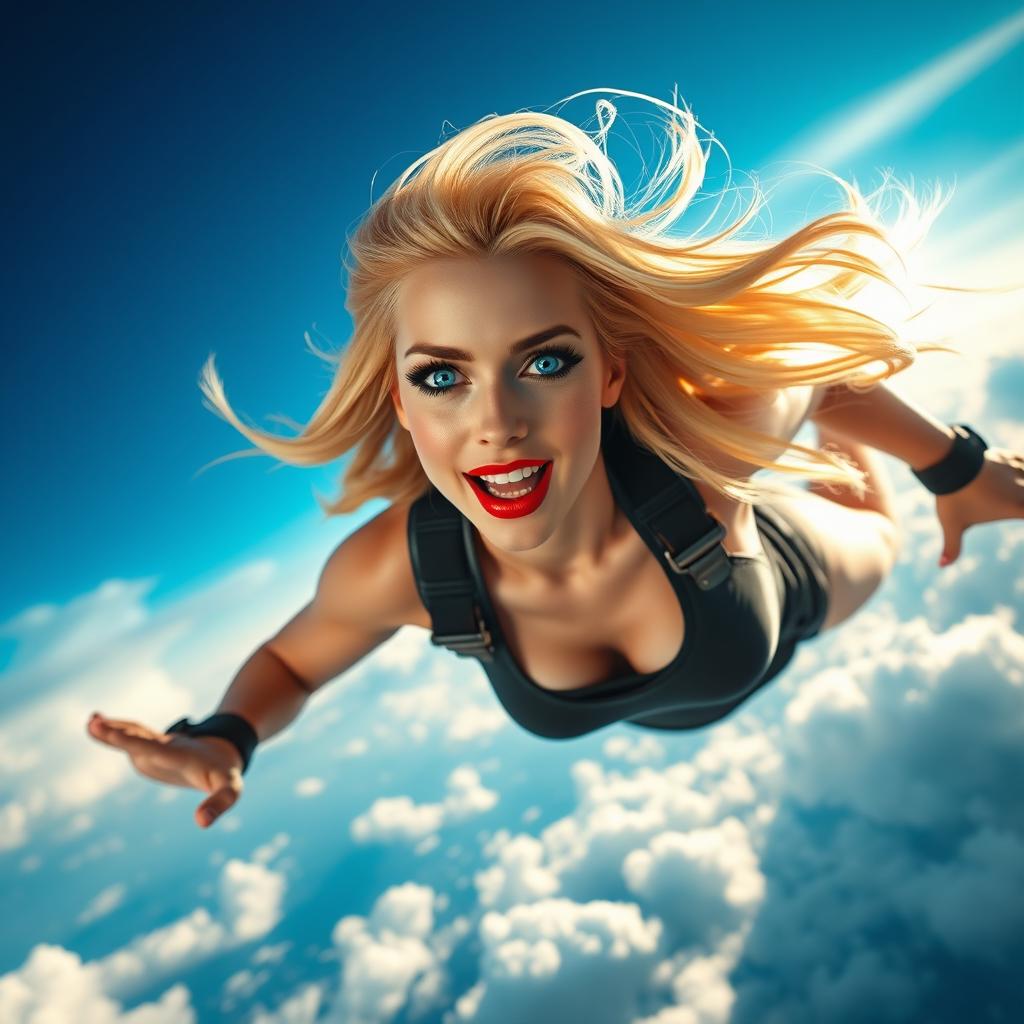 A stunning sexy blonde woman with striking blue eyes and bold red lips, captured mid-air as she falls from the sky at high speed