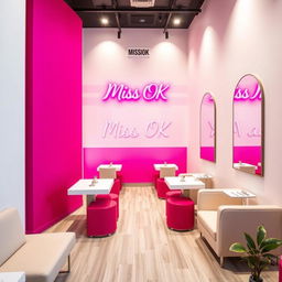 A vibrant and modern nail spa interior featuring one striking fuchsia wall and surrounding white walls, creating a bright and inviting atmosphere