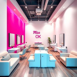 A vibrant and modern nail spa interior featuring one striking fuchsia wall and surrounding white walls, creating a bright and inviting atmosphere