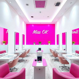 A vibrant and modern nail spa interior featuring one striking fuchsia wall and surrounding white walls, creating a bright and inviting atmosphere