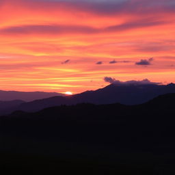 A breathtaking view of a sunrise with vibrant orange, pink, and purple hues painting the sky, the sun peeking just above the horizon