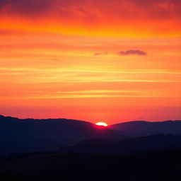 A breathtaking view of a sunrise with vibrant orange, pink, and purple hues painting the sky, the sun peeking just above the horizon