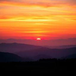 A breathtaking view of a sunrise with vibrant orange, pink, and purple hues painting the sky, the sun peeking just above the horizon