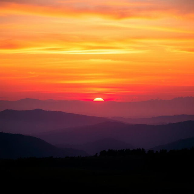 A breathtaking view of a sunrise with vibrant orange, pink, and purple hues painting the sky, the sun peeking just above the horizon