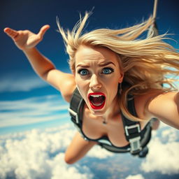 A sexy blonde woman with striking blue eyes and bold red lips, captured in mid-fall from the sky at high speed