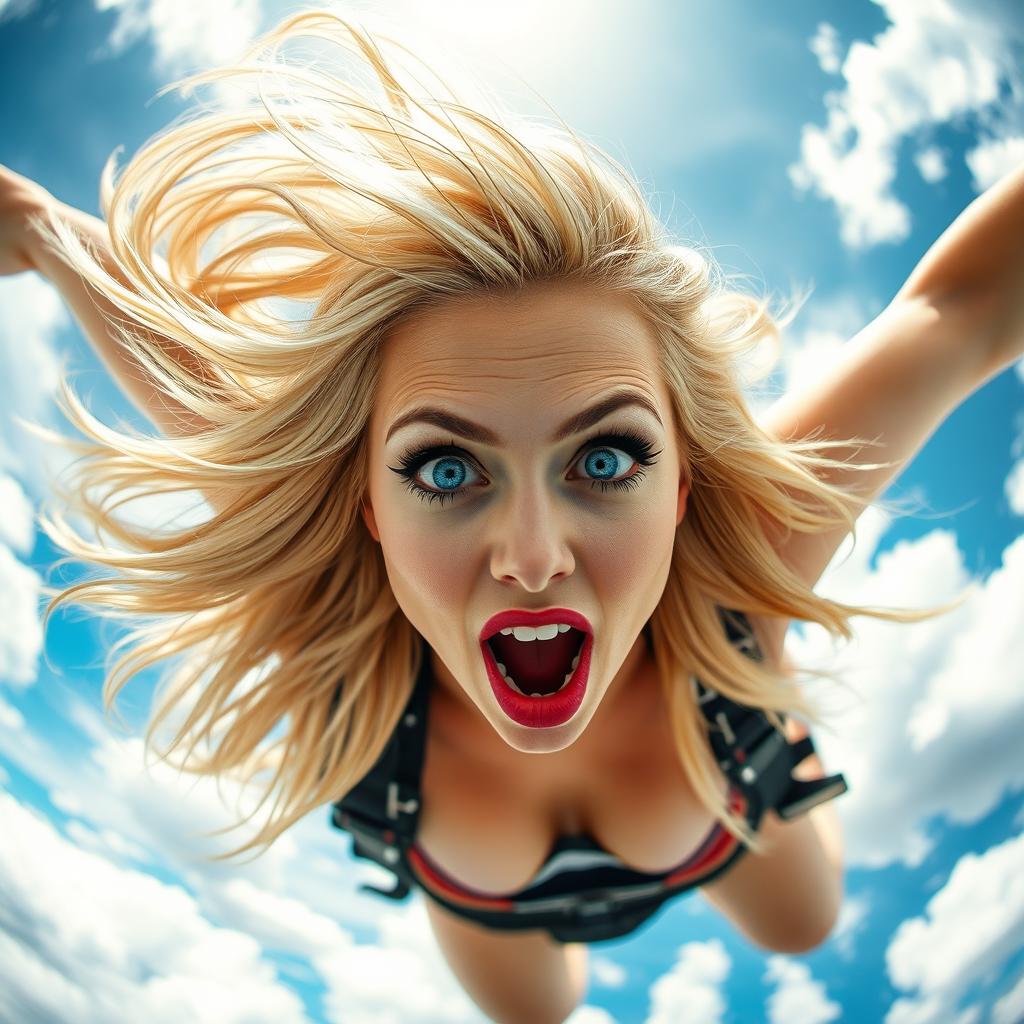 A sexy blonde woman with striking blue eyes and bold red lips, captured in mid-fall from the sky at high speed