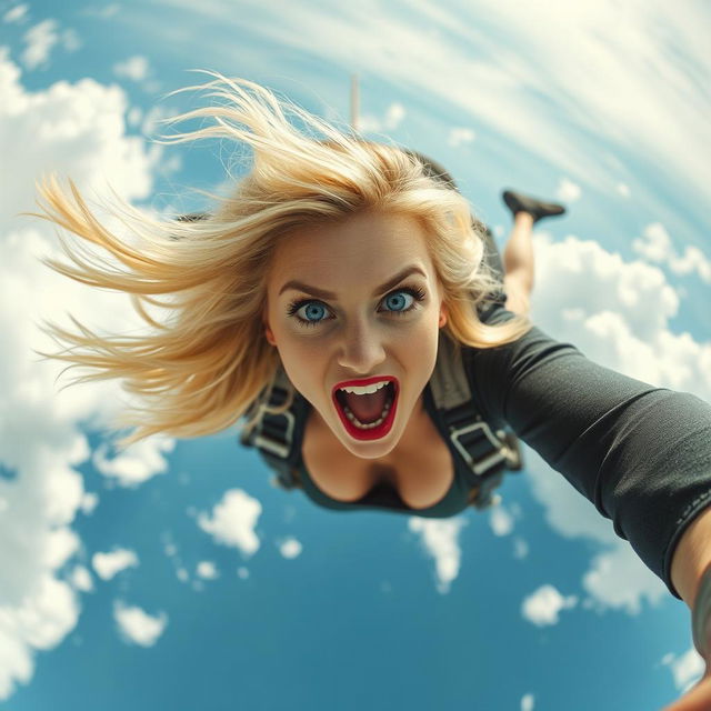 A sexy blonde woman with striking blue eyes and bold red lips, captured in mid-fall from the sky at high speed