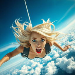 A sexy blonde woman with striking blue eyes and bold red lips, captured in mid-fall from the sky at high speed