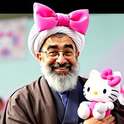 Ayatollah Khamenei depicted with a playful and whimsical appearance, wearing a large, bright pink bow on his head, giving him a girlish and childlike look