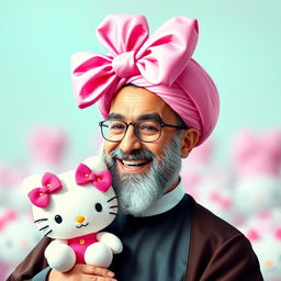 Ayatollah Khamenei depicted with a playful and whimsical appearance, wearing a large, bright pink bow on his head, giving him a girlish and childlike look