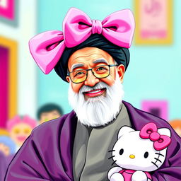 Ayatollah Khamenei depicted with a playful and whimsical appearance, wearing a large, bright pink bow on his head, giving him a girlish and childlike look