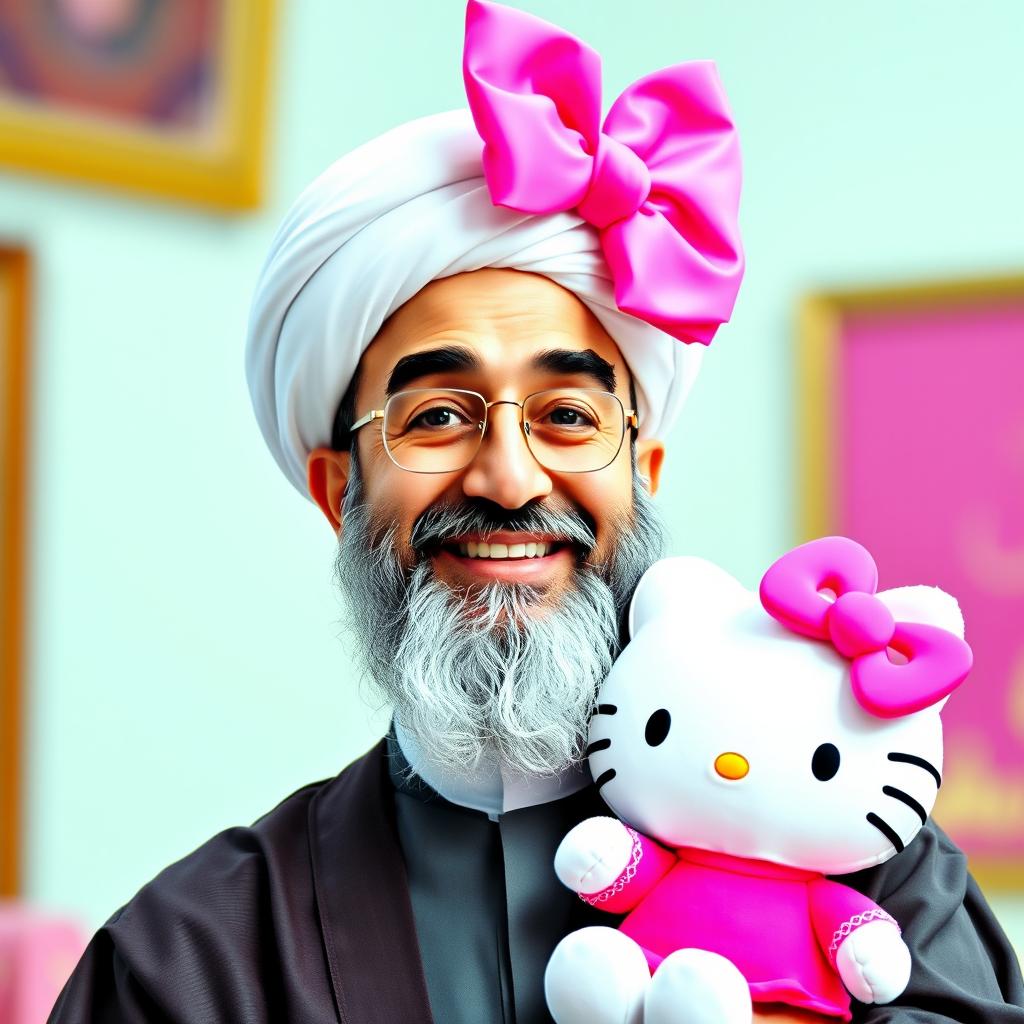 Ayatollah Khamenei depicted with a playful and whimsical appearance, wearing a large, bright pink bow on his head, giving him a girlish and childlike look