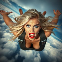 A sexy blonde woman with striking blue eyes and bright red lips, captured mid-air as she falls from the sky at high speed