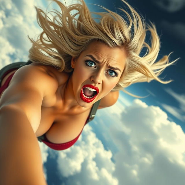 A sexy blonde woman with striking blue eyes and bright red lips, captured mid-air as she falls from the sky at high speed