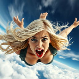 A sexy blonde woman with striking blue eyes and bright red lips, captured mid-air as she falls from the sky at high speed