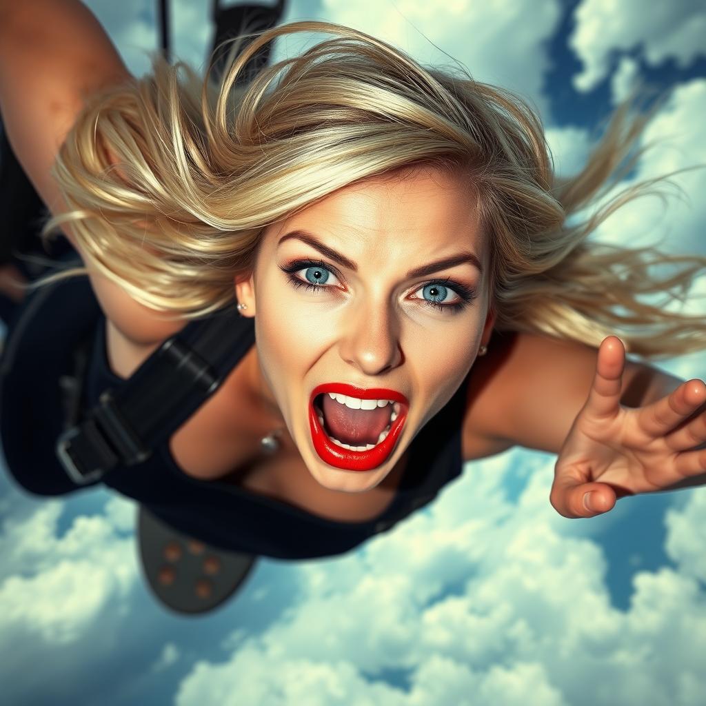 A sexy blonde woman with striking blue eyes and bright red lips, captured mid-air as she falls from the sky at high speed