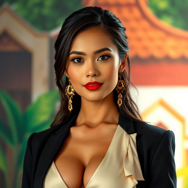 A stunningly beautiful Indonesian woman with very large breasts, styled elegantly and exuding confidence