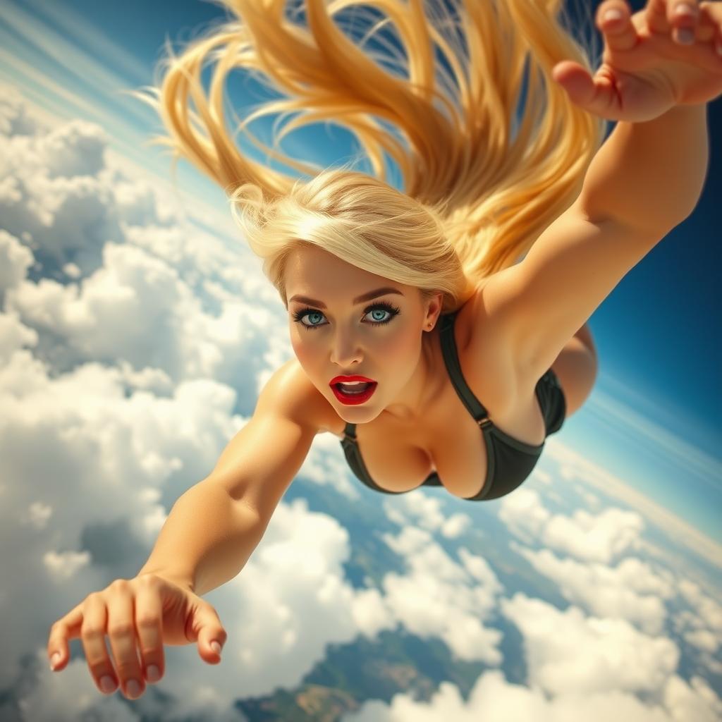 A sexy blonde woman with striking blue eyes and vibrant red lips, dynamically posed as she falls from the sky at high speed, her long hair flowing behind her like a golden waterfall