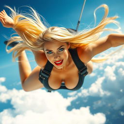 A sexy blonde woman with striking blue eyes and vibrant red lips, dynamically posed as she falls from the sky at high speed, her long hair flowing behind her like a golden waterfall