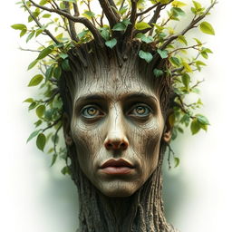 A surreal artwork featuring a face blended with the texture of a tree trunk, creating a unique and enchanting visage