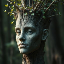 A surreal artwork featuring a face blended with the texture of a tree trunk, creating a unique and enchanting visage