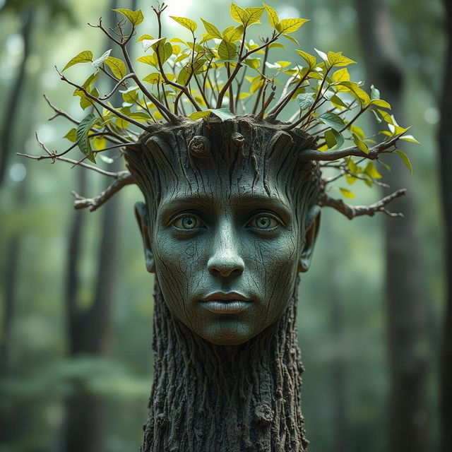 A surreal artwork featuring a face blended with the texture of a tree trunk, creating a unique and enchanting visage