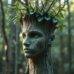 A surreal artwork featuring a face blended with the texture of a tree trunk, creating a unique and enchanting visage