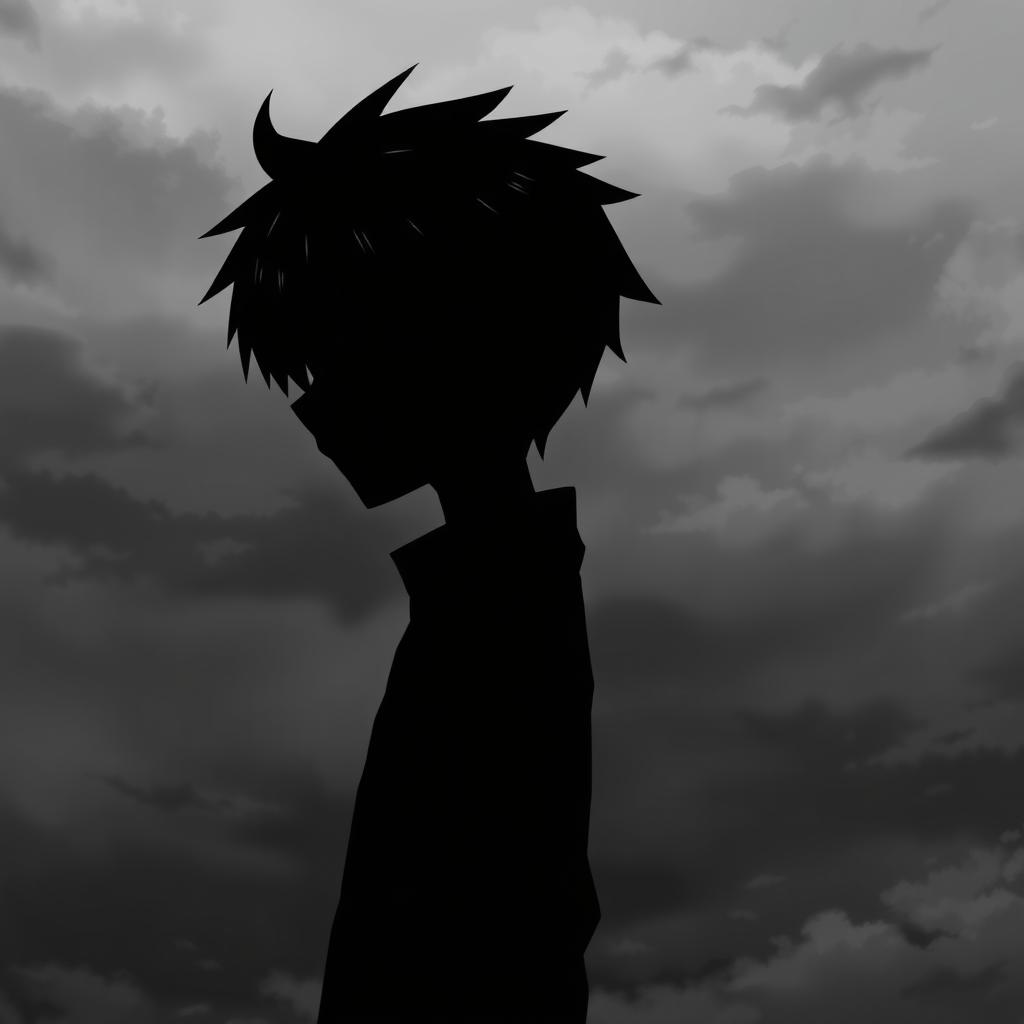 A depressed anime boy standing sideways, showcasing half of his face in profile