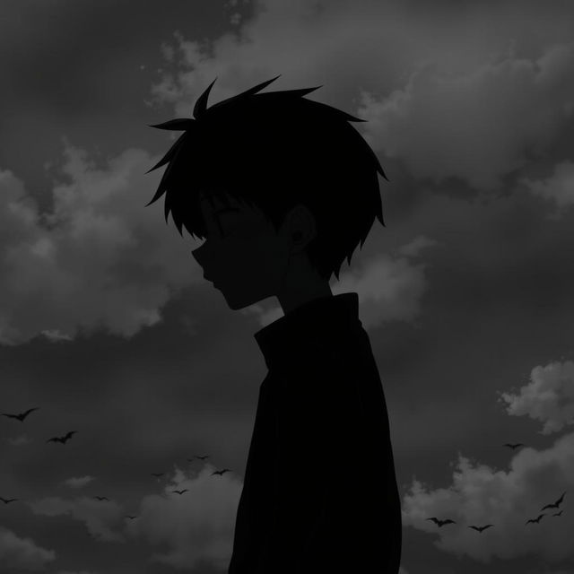 A depressed anime boy standing sideways, showcasing half of his face in profile