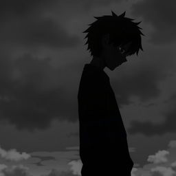 A depressed anime boy standing sideways, showcasing half of his face in profile
