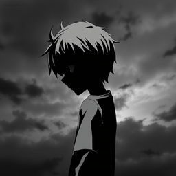 A depressed anime boy standing sideways, showcasing half of his face in profile