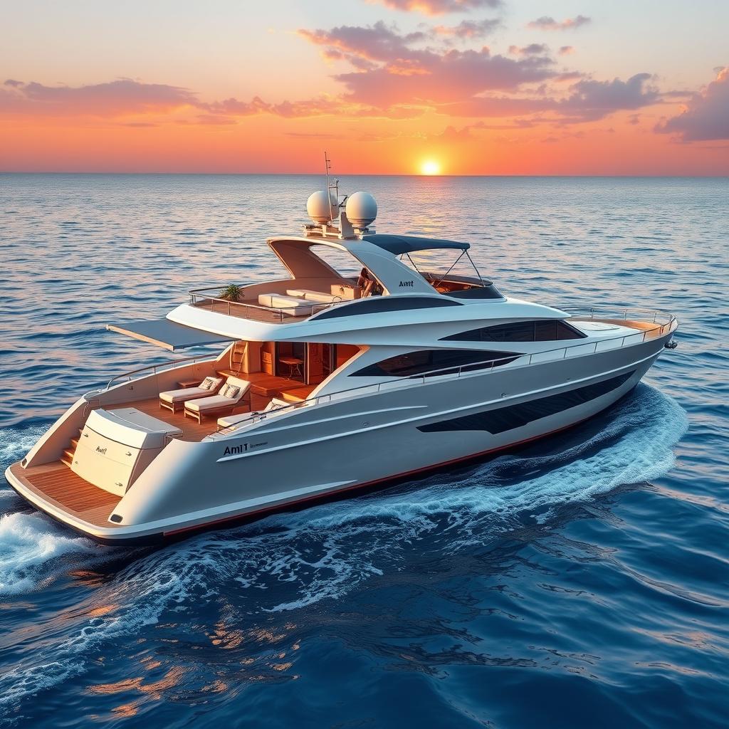 A luxurious yacht elegantly sailing on crystal blue waters, with the name 'Amit' prominently displayed on its side