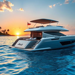 A luxurious yacht elegantly sailing on crystal blue waters, with the name 'Amit' prominently displayed on its side