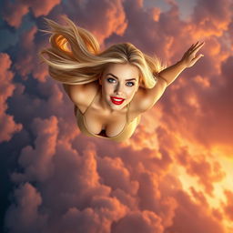 A sexy blonde woman with striking blue eyes and luscious red lips falling gracefully from the sky at high speed