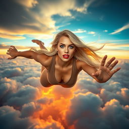 A sexy blonde woman with striking blue eyes and luscious red lips falling gracefully from the sky at high speed