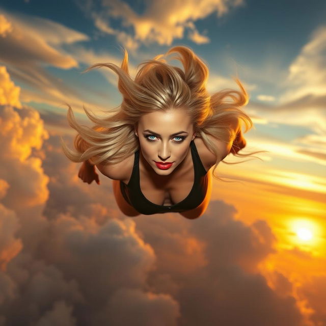 A sexy blonde woman with striking blue eyes and luscious red lips falling gracefully from the sky at high speed