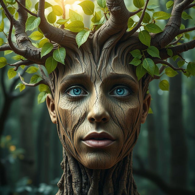 A surreal and imaginative portrait of a face where the skin resembles the textured bark of a tree, intricately detailed with shades of brown and hints of green