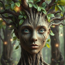 A surreal and imaginative portrait of a face where the skin resembles the textured bark of a tree, intricately detailed with shades of brown and hints of green
