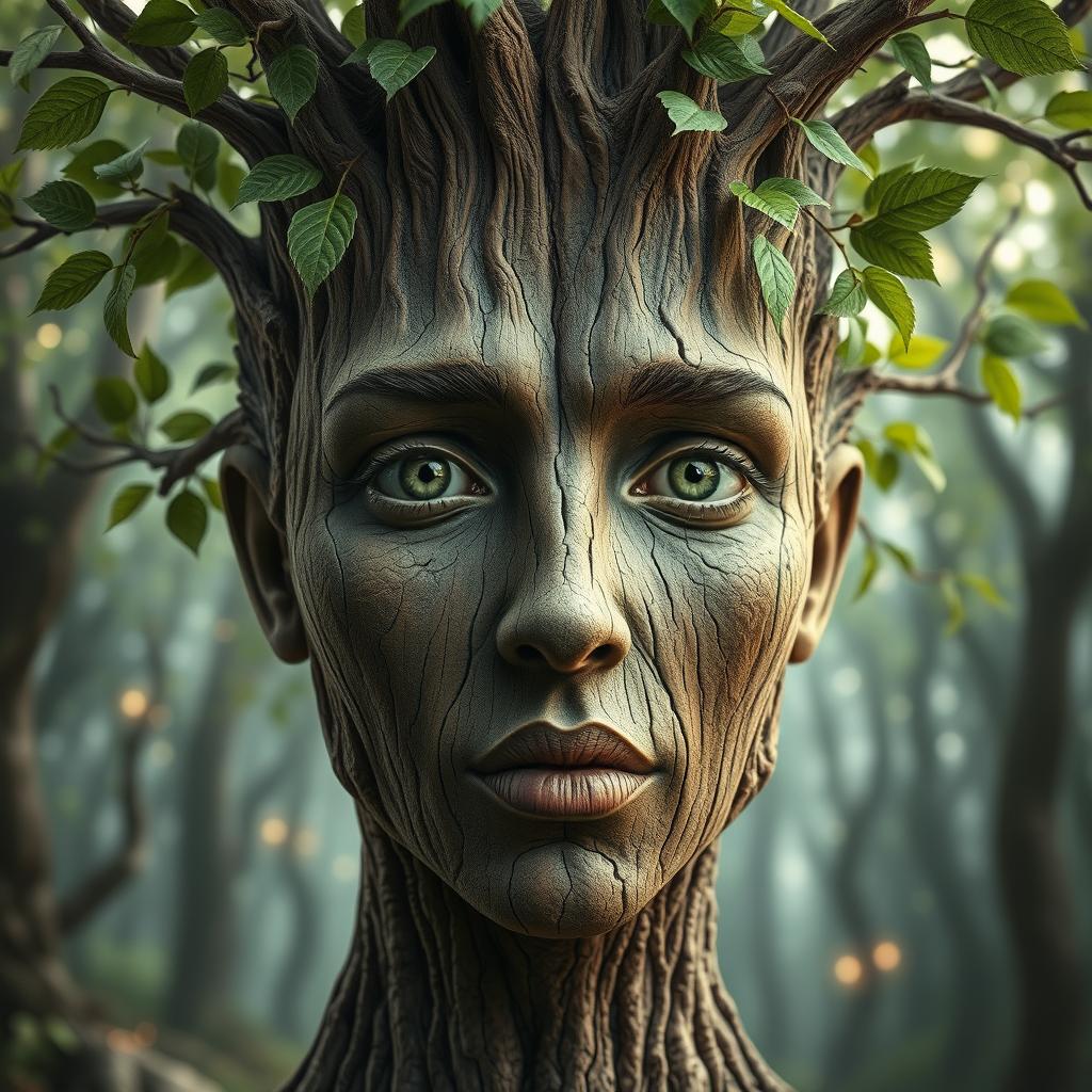 A surreal and imaginative portrait of a face where the skin resembles the textured bark of a tree, intricately detailed with shades of brown and hints of green