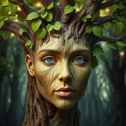 A surreal and imaginative portrait of a face where the skin resembles the textured bark of a tree, intricately detailed with shades of brown and hints of green