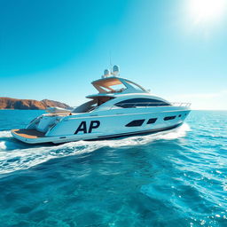 A luxurious yacht sailing on crystal clear waters, the sun shining brightly overhead