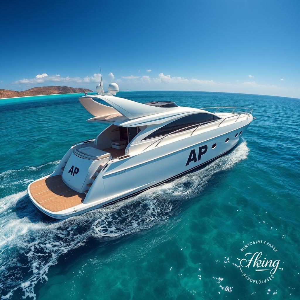 A luxurious yacht sailing on crystal clear waters, the sun shining brightly overhead