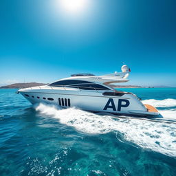 A luxurious yacht sailing on crystal clear waters, the sun shining brightly overhead