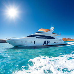 A luxurious yacht sailing on crystal clear waters, the sun shining brightly overhead