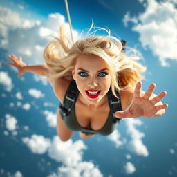 A sexy blonde woman with striking blue eyes and vibrant red lips, depicted mid-fall from the sky, with her hair flowing dramatically around her